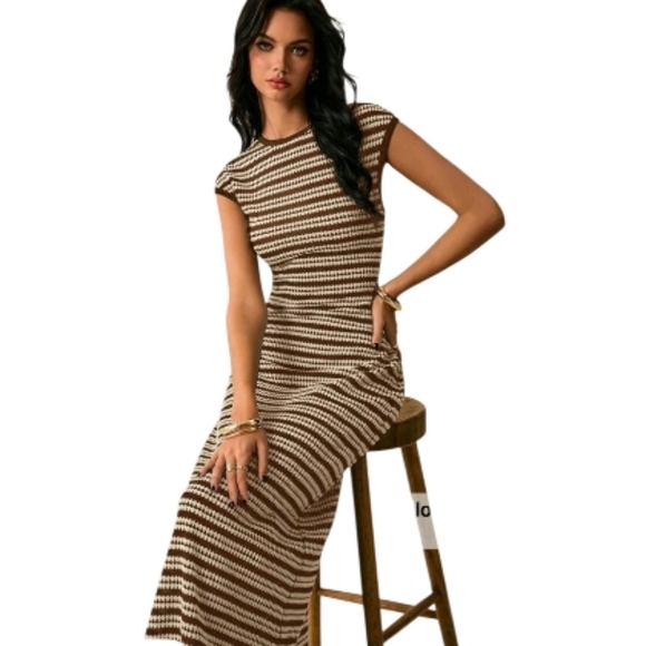 Striped Knit Midi Dress in Brown and Cream - Picture 2 of 4